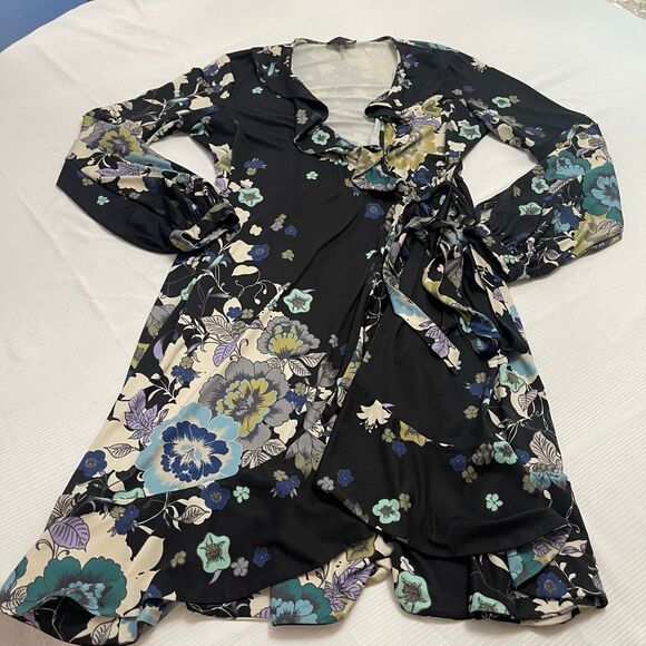 Hale Bob Black Floral Print Jersey Knit Long Sleeve Dress Size Medium - Picture 1 of 7